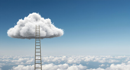 Wooden Ladder Reaching A White Cloud Against A Bright Blue Sky Depicting Ambition and Growth