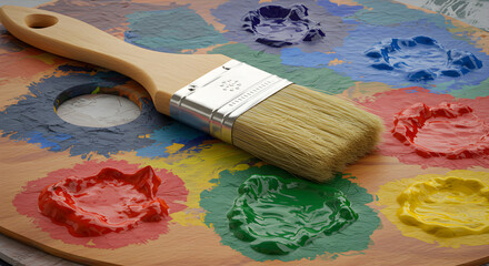 Wooden Palette Displaying Various Colors of Oil Paint With A Clean Paintbrush on Top