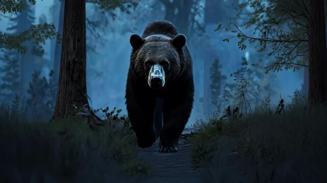Brown bear prowling through a misty forest, walking on a dirt path.