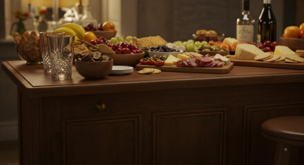 Wooden Table Displays Variety of Foods Fruits Cheese and Meats for Indoor Celebration with Warm Lighting