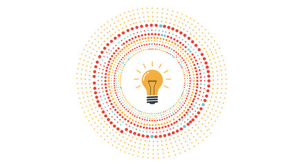 Yellow Lightbulb Center Surrounded By Concentric Colorful Dot Circles On White Background