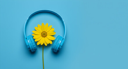 Yellow Flower With Blue Headphones On Bright Blue Background Flat Lay Composition
