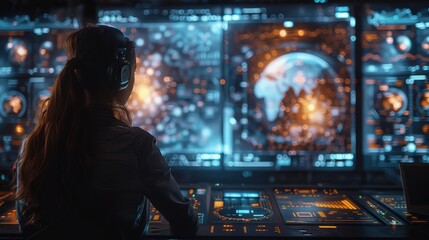 Futuristic Virtual Workspace Woman Working on Global Data Network