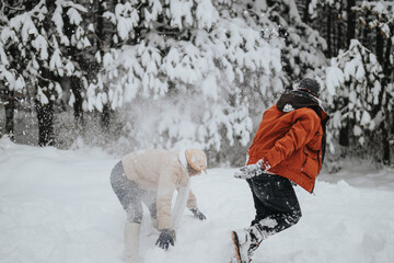 Two individuals enjoying a snowball fight amidst a beautiful snowy forest, capturing the joy and...