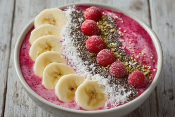 A vibrant and healthy smoothie bowl topped with fresh fruits and seeds, showcasing banana slices, raspberries, chia seeds, and coconut flakes for a nutritious breakfast