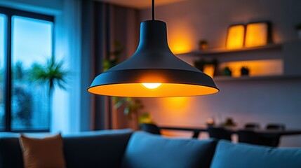 Modern pendant light illuminates cozy living room