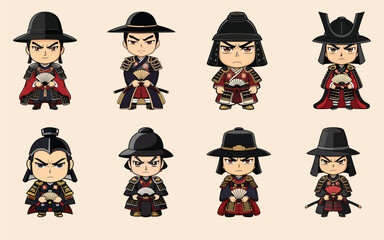 chibi characters bundle samurai pirate and warrior figures set