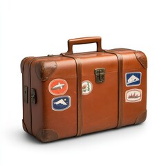 Vintage Brown Leather Travel Suitcase with Colorful Stickers and Worn Edges for Nostalgic Journey
