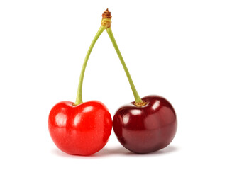 A pair of red cherries with stems isolated on white background glossy finish crisp lighting