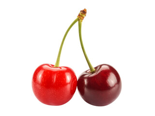 A pair of red cherries with stems isolated on white background glossy finish crisp lighting