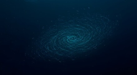 A swirling vortex of light in a dark blue space with a sense of depth and motion