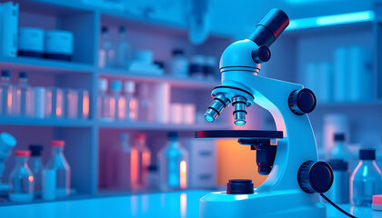 Obraz premium blue-toned scientific microscope in a high-tech medical laboratory setting, one line art. with white shades