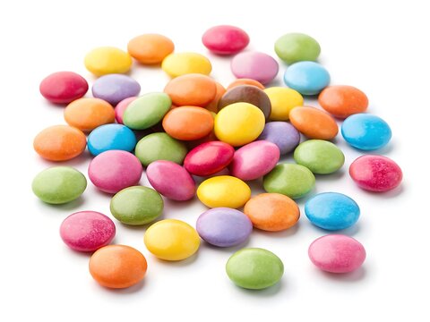 Ultra HD realistic  colourful candy-coated shells, scattered on a white background, studio lighting, high resolution, isolated for commercial use.