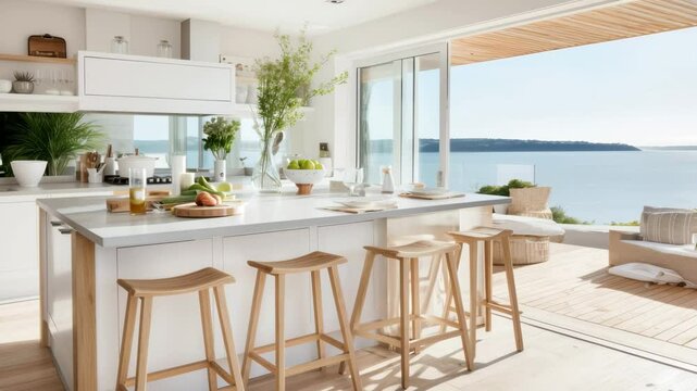 Bright kitchen with ocean view, shot from a wide-angle perspective. Minimalist style with natural light, ideal for a lifestyle video setting. Live desktop wallpaper.