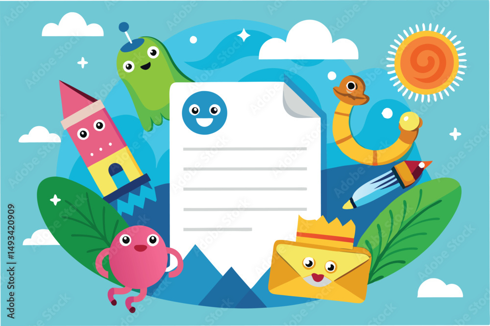 Aufkleber colorful vector illustration featuring playful characters around a letter-shaped document in a cheer