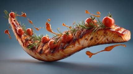 Grilled Salmon Fillet Garnished with Tomatoes Rosemary and Sauce Studio Shot Food Photography