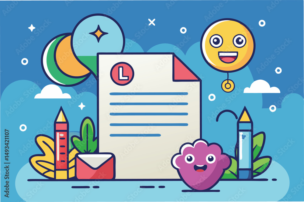 Aufkleber Colorful vector illustration featuring playful characters around a letter-shaped document in a cheerful setting with various shapes and bright colors