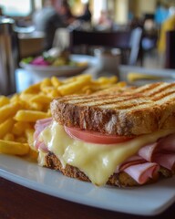 Close up of a ham and cheese sandwich with french fries on a white plate in a restaurant setting daytime
