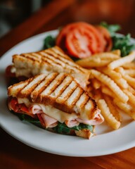 Grilled Ham and Cheese Sandwich with French Fries and Tomato Slice on Plate Close Up Still Life