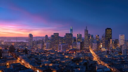 Obraz premium City skyline at sunset, showcasing a vibrant mix of urban architecture and a colorful sky.