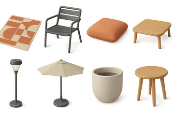 Outdoor furniture 3d icons set – patio, decor, garden design elements