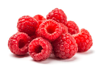 A group of raspberries on a white background scattered composition vivid red color