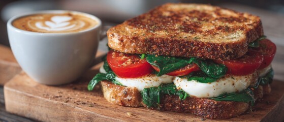 Close Up of Grilled Sandwich with Mozzarella Tomato and Spinach Served with Latte on Wooden Board