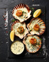 Seared scallops in shells with creamy sauce and lemon wedges on black slate overhead seafood dish