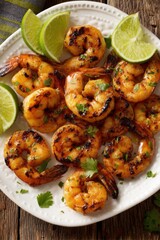 Grilled Shrimp Plate with Lime Wedges Overhead Shot Delicious Seafood Cuisine on Rustic Wood Tabletop
