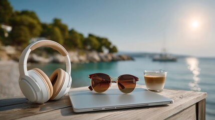 camera gear, sunglasses, lens blower, vibrant festival vibes in radiant light, rim light from horizon, capture the energy