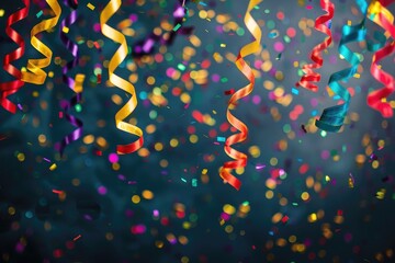 A vibrant assortment of colorful ribbons and confetti is flying high in the air