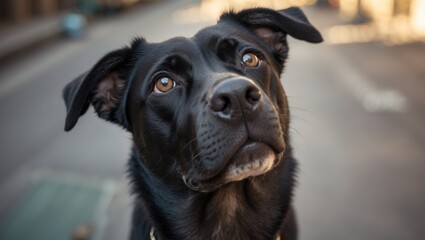 An upward gaze from a black street dog