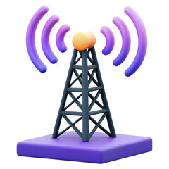 A stylized radio tower emits purple signal waves from its top.