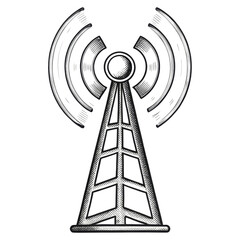 A stylized radio tower emits signal waves, representing wireless communication and broadcasting.