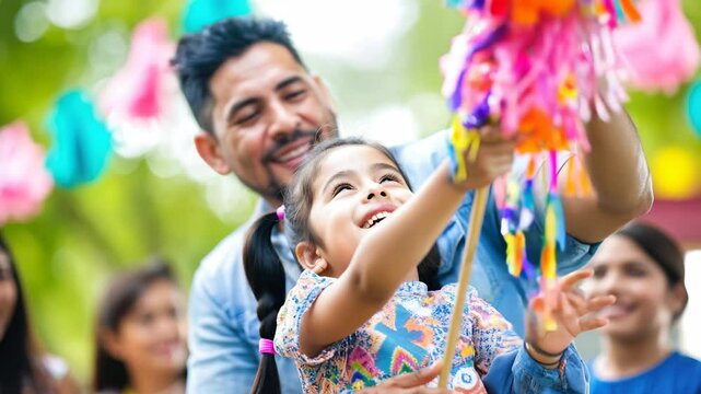 A joyful child hitting a colorful pinata with a stick, assisted by an adult. Captured from a low angle, the video exudes a festive, vibrant atmosphere.