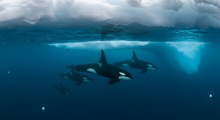 Obraz premium A pod of orcas swimming under icebergs in the deep blue ocean water landscape view