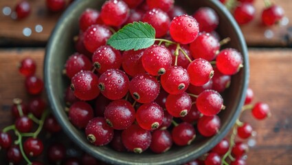 Red currant accompanied by a leaf on a wooden surface.