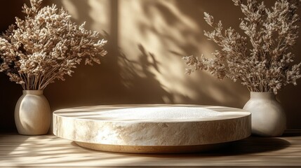 Natural, earthy, minimalist display podium with dried grasses