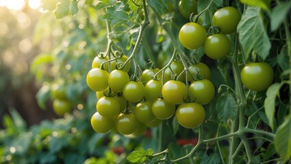 Green ripening tomatoes grouped on bushes in the garden, featuring copy space. High-quality image