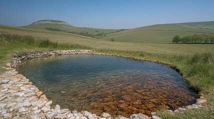 Natural spring-fed pond in a grassy valley