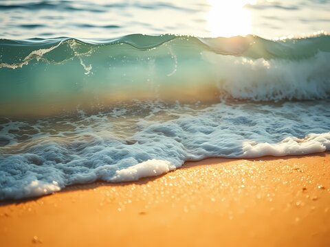 A sunlit ocean wave gently rolls onto a shimmering golden sand beach, creating a calming and picturesque coastal background.