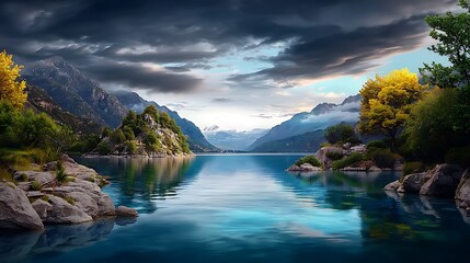 Obraz premium there is a large body of water surrounded by rocks and trees