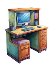Fototapeta premium Watercolor Illustration of a Home Office Desk with Computer and Drawers