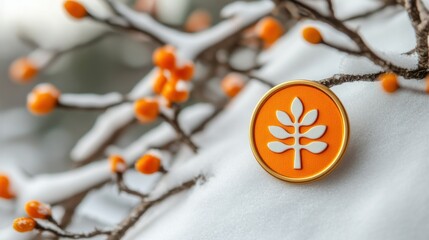 Orange disc emblem on snowy branches