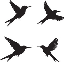 This artwork is digitally enhanced using AI and manually edited for quality. The image shows four black bird silhouettes in various flying poses.