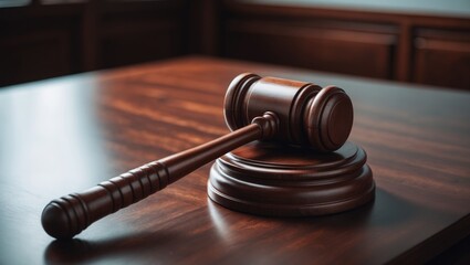 Obraz premium An antique wooden gavel of a judge on a sleek brown office table, symbolizing law and justice.