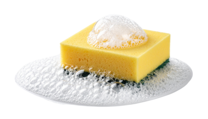 A yellow cleaning sponge covered with soap suds.