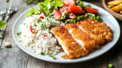 Delicious fried chicken cutlet recipe with rice and fresh salad for a healthy and tasty meal idea