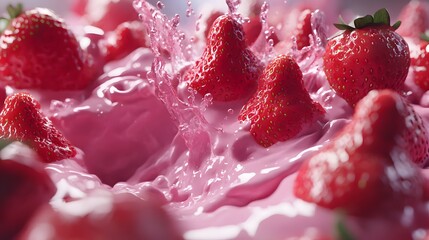 Vibrant strawberry splash in a pink liquid.
