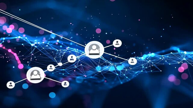 Connection Nodes linked by lines on a blue, pink speckled background